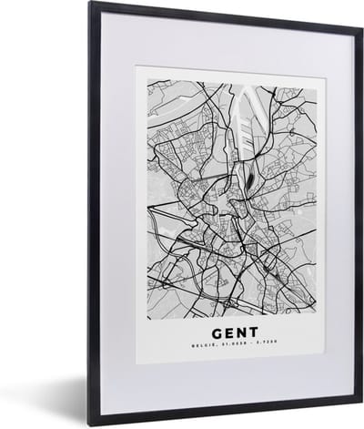 Fotolijst incl. Poster Zwart Wit- Plattegrond – Gent – Zwart Wit – Stadskaart - Kaart - 30x40 cm - Posterlijst