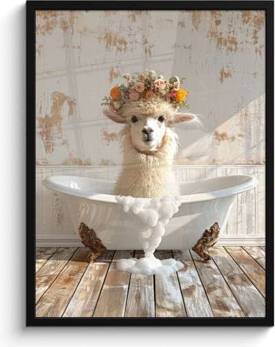 Poster in lijst - Fotolijst 60x80 cm - Posters - Vintage - Alpaca - Badkuip - Bloemen - Dieren - Posterlijst zwart - Wanddecoratie badkamer - Muurdecoratie WC - Decoratieve accessoires - Toilet muur decoratie