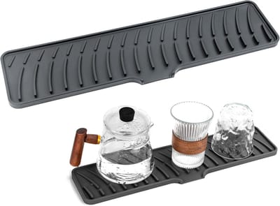 Thijox - Siliconen Afdruiprek Mat Zwart 42x10 cm - Smalle Afdruipmat met Afvoer voor Keuken, Servies, Bestek en Glazen - Golfgeleidend Design, Buigzaa