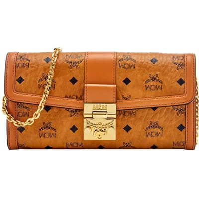 MCM Metalen Logo Monogram Print Ketting Schouderband Gecoat Canvas Met Lederen Afwerking Crossbody Tas Grote Dames crossbody tas Bruin Cognac MYLDSXT01CO001 Basic Set (Bag+Dust Bag) beige