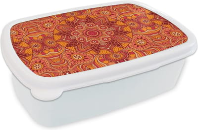 Broodtrommel Wit - Lunchbox - Brooddoos - Mandala - Patroon - Vintage - Oranje - Rood - 18x12x6 cm - Volwassenen