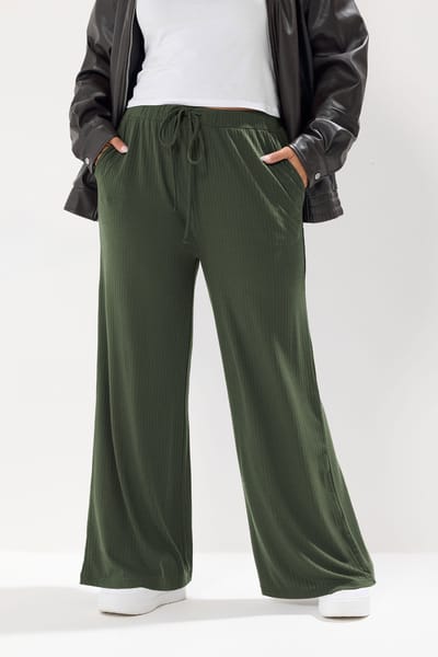 Yours Forest Green Geribbelde Wijde Broek Size 50-52