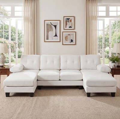 HAUSS SPOLE U-Bank - Moderne Zitbank Met Dubbele Chaise Longue En Opbergvakken - Voor Woonkamer En Kantoor - Chenille Beige