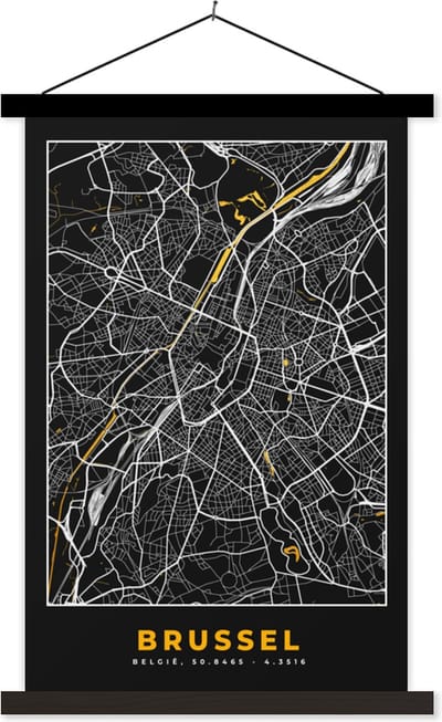 Posterhanger incl. Poster 40x60 cm - Schoolplaat - Stadskaart - Brussel - Goud - Kaart - Plattegrond - Textielposter - Zwarte latten - Stadskaart
