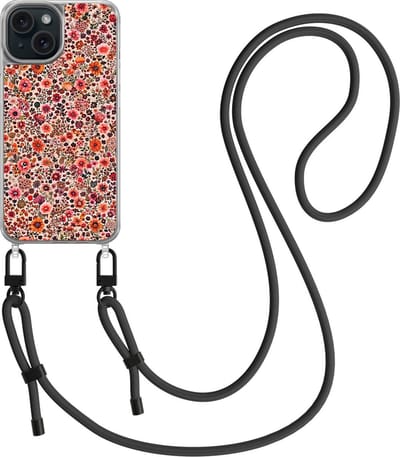 Hoesje met koord geschikt voor iPhone 13 - Vintage floral - Inclusief zwart koord - Crossbody beschermhoes - Transparant, Roze - Mooie Telefoonhoesjes