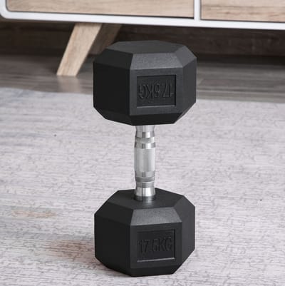 MEUNIQ Hexagon halter 17,5 kg zwart, rubber en gietijzer, antislip handgreep met karteling, vaste dumbbell voor krachttraining thuis, sportschool of kantoor
