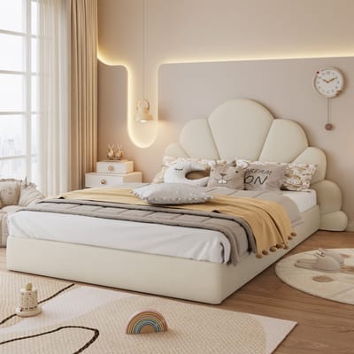 Wishdor – Gestoffeerd Tweepersoonsbed 140x200 cm – Bloemvormig Hoofdbord – Fluwelen Bekleding – Romantisch & Stijlvol – Beige