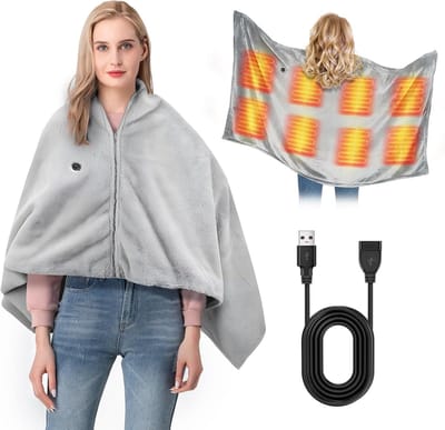 Warmtedeken - Elektrisch Verwarmde Sjaal met USB-Aansluiting - Draadloze Verwarmde Deken - 3 Warmtestanden - Verwarmde Sjaal/Poncho/Omslagdeken met Ritssluiting - Ideaal Voor Buiten - Op Reis Of Tijdens Het Kamperen - Batterij Niet Inbegrepen