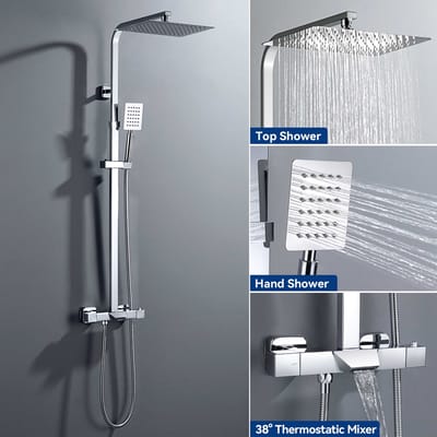 Auralum Regendouche Met Thermostaatkraan - ABS Doucheset - Hoofddouche & Neerwaartse Waterval - Intelligente thermostaat van 38 graden - Verstelbare Regendouche - RVS - Chroom