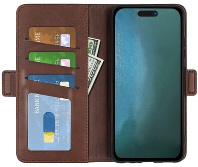 PU Lederen Wallet Case Hoesje geschikt voor iPhone 16 Pro - donkerbruin- Magnetische sluiting - Luxe Hoes - Scherm dekkend - Pasjeshouder - Contant geld - Cash - Pasjes