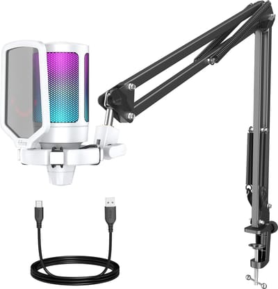 FIFINE - A6T - Wit - USB Studio microfoon - PC-Gaming Met Flexibele Arm ( 66cm! ) - Geschikt voor PC/PS4/PS5 - RGB - Podcast - Gaming - Streaming - Zwart