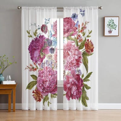 Roze Blauw Paars Zwart Bloem Bloesem Bladeren Slaapkamer Transparante Dunne Gordijnen Vakantiedecoratie Raam Voile Tule Gordijn 135W x 114H(cm) white