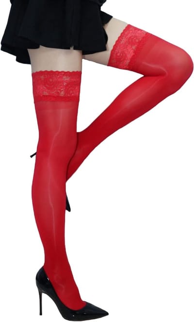 Dames Overknee Kousen met Antislip Silicone Kant Bovenkant, Glanzend en Transparant, 8 Denier, Rood, Perfect voor Feestjes en Speciale Gelegenheden