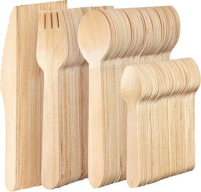Famanu - 200 Biologisch Afbreekbare Houten Bestekset (50 Lepels 50 Vorken 50 Theelepels 50 Messen) - Stevig en Composteerbaar
