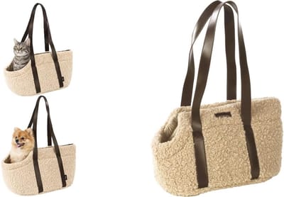 Draagtas hond – Draagtas kat – Flamingo Pookie Beige – 50 x 24 x 26 cm – fleece – handwas – ritssluiting – uitneembare bodem – veiligheidsriem – opbergvak – reistas hond & reistas kat