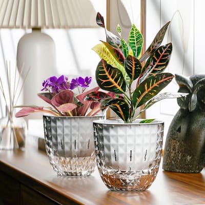 KZQ Zelfwaterende Bloempotten Set van 2, 10cm met Afvoergaten en Onderzetter, Moderne Kunststof Plantenpotten voor Binnen, Geschikt voor Vetplanten, Kruiden en Cactus