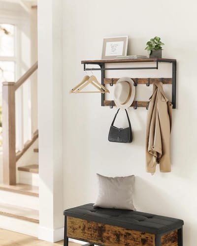 Parya Home Wandkapstok met Plank – Ruimtebesparende wandplank met 10 afneembare haken, vintage bruin-zwart
