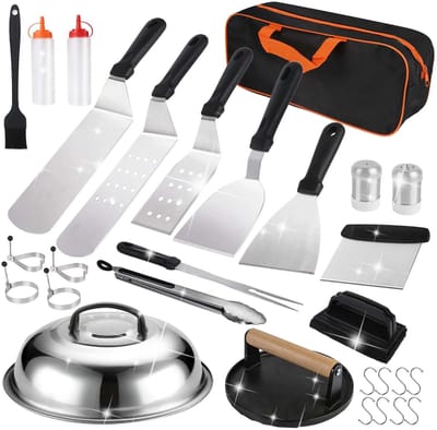 Allero Barbecue Accessoires - 29-delige Set - Roestvrijstaal - Grill- & Teppanyaki Set - Barbecue Kookgerei - Burgerpers - BBQ set