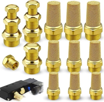 18-delige Pneumatische Demper Set, Messing Geluidsdempers met 1/4, 1/8, 3/8 PT Draad voor Industrie, Sinterbronzen Constructie en Diverse Hoofden