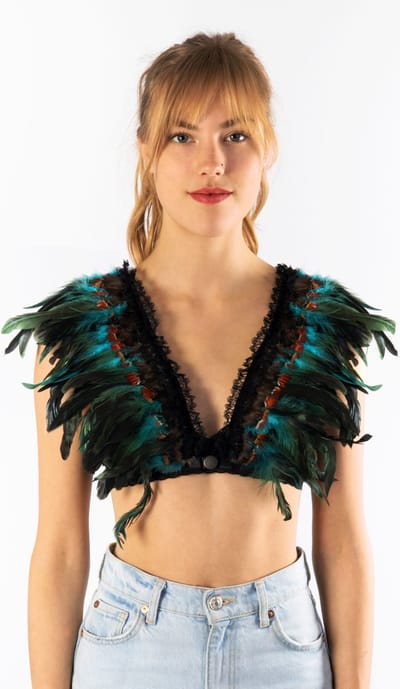 KIMU® Top met Veren Turquoise - Maat XS S M - Verentop Kostuum Topje Veertjes - Hippie Indiaan Pakje Las Vegas Showgirl Volwassenen Carnaval Festival