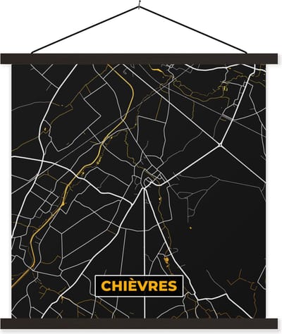 Posterhanger incl. Poster 60x60 cm - Schoolplaat - Stadskaart - Goud - Chièvres - Plattegrond - Kaart - Textielposter - Zwarte latten - Stadskaart