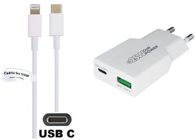 OneOne 25W snellader met 2 poorten + 1,2m OneOne USB C naar Lightning kabel. PD PPS lader. GAN oplader adapter past op Apple iPhone 13 Mini, iPhone 13 Pro, iPhone 13 Pro Max, iPhone 14, iPhone 14 Plus, iPhone 14 Pro, iPhone 14 Pro Max