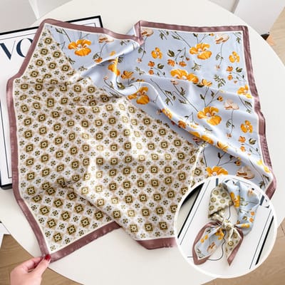 Dames Sjaal - Sjaals - Stola - Vierkante doek - Elegant Stijlvol Dames haar sjaal - Satijn zijde - Hals sjaaltje - Sjaaltje Satijn - Neksjaaltje - Omslagdoek Modesjaals - Neksjaal - Klein Sjaaltje -Schaakbord Sterren Bloemen - Lichtblauw-70*70CM
