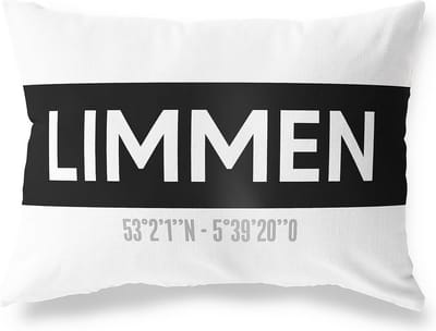 Tuinkussen LIMMEN - NOORD-HOLLAND met coördinaten - Buitenkussen - Bootkussen - Weerbestendig - Jouw Plaats - Studio216 - Modern - Zwart-Wit - 50x30cm