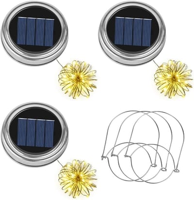 SnelShoppen - 3PCS Mason Jar Deksel met 20 2m LED Licht Draad, Mason Jar Lichten met 3 Hangende Lantaarns, Zonne-energie Tuinverlichting voor Buiten,