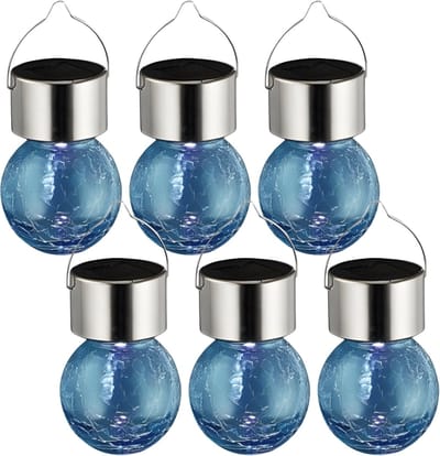 Sunnydays Solar sfeer hanglamp - 6x - tuin - lampenbol - blauw - glas - 9 cm - ophang haakje