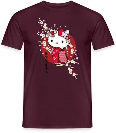 Hello Kitty In Een Rode Kimono En Kersenbloesems T-Shirt Heren