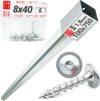LUN FIX - Inslaggrondhuls 100x100mm hoogte 750mm wanddikte 18mm - 6 schroeven 8x40 mm Torx T30 - paaldragers - tuin