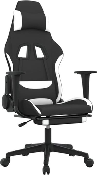 vidaXL - Massage - gamestoel - met - voetensteun - stof - zwart - en - wit