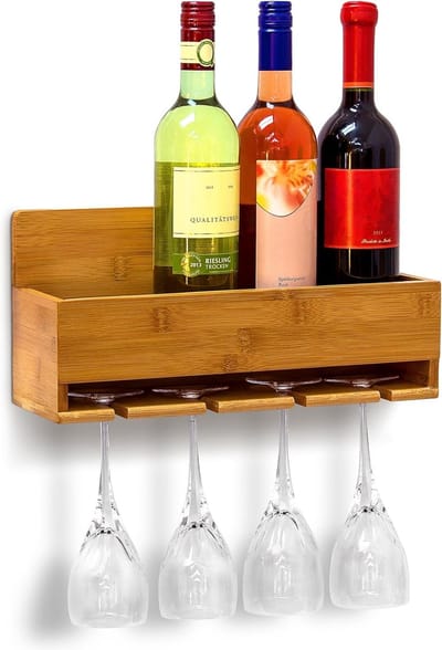 Wijnrek bamboe glazenhouder - HxBxD 17x37x115 cm - flessenrek 4 flessen 4 glazen wandrek naturel