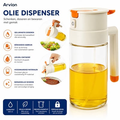 Arvion Oliesproeier 650 ml – Glazen oliespuitfles met 2-in-1 spray en gietfunctie, gelijkmatige nevel, inclusief reinigingsborstel