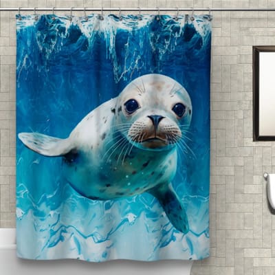 Floraweg douchegordijn, douchegordijn, badgordijn, badkamergordijn, volledige print, dieren, zeehonden, digitale print - schimmelwerend - inclusief 12 ringen - met 12 douchegordijnhaken - waterdicht - wasbaar - polyester - 180 x 200 cm