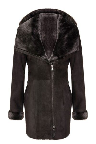 Dames merino schapenvacht jas met capuchon-antiek