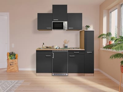 Goedkope keuken 180  cm - complete kleine keuken met apparatuur Luis - Eiken/Zwart - elektrische kookplaat  - koelkast        - magnetron - mini keuken - compacte keuken - keukenblok met apparatuur