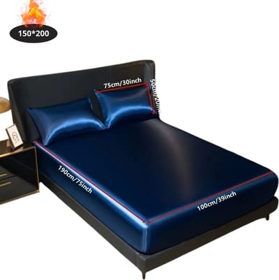 Nivard Satijnen Hoeslaken Set - Inclusief Kussensloop - 2 Delige Set - Beddengoed - Fitted Sheet - Pillow Case - Bed - Marineblauw 150x200