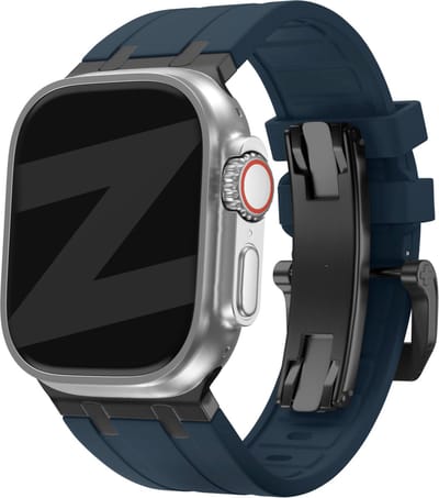 Bandz Siliconen band 'Luxe Liquid' - Hoogwaardig siliconen bandje geschikt voor Apple WatchSeries 1/2/3/4/5/6/7/8/9/10/11/SE/SE2/SE3/Ultra (2/3) - grote maten - 42mm / 44mm / 45mm / 49mm - blauw met zwarte connectors