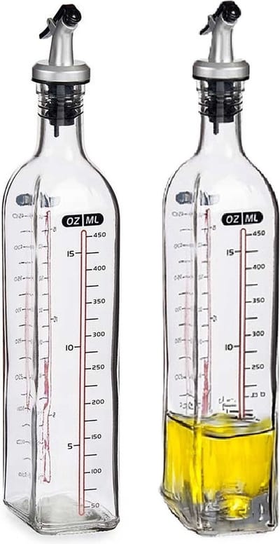 Vivalto Azijn/Olie fles met inhoud meter in ml - 2x - glas - met schenktuit - olijfolieflessen - 500 ml - afsluitbaar