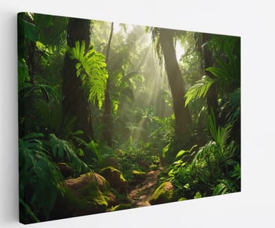 Saammp Canvas Schilderij - Natuur - Jungle met zon - landschap - 45x30 - Foto op canvas - Wanddecoratie - Muurdecoratie Woonkamer - Slaapkamer decoratie - Canvas Print