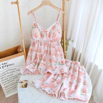 Nieuwe Zomer Dames Pyjamaset 100% Katoen Spaghettibandjes+Shorts met Borstkussentjes Twee Delig Set Dames Bloemen Huismeubilair XL