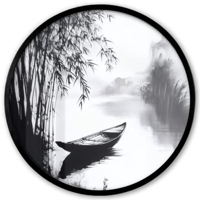 Poster in lijst Rond - Fotolijst 40x40 cm - Posters - Boot - Rivier - Bamboe - Wit - Ronde posterlijst zwart - Decoratie - Wanddecoratie woonkamer - Muurdecoratie slaapkamer