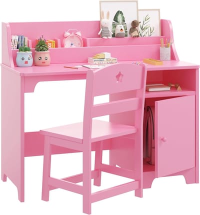 Kinderbureau met Stoel Set - Houten Studiebureau met Opzetkast en Opbergkast - Ergonomische Werkplek - Voor Kinderen 3-8 Jaar - 93x78 cm - roze