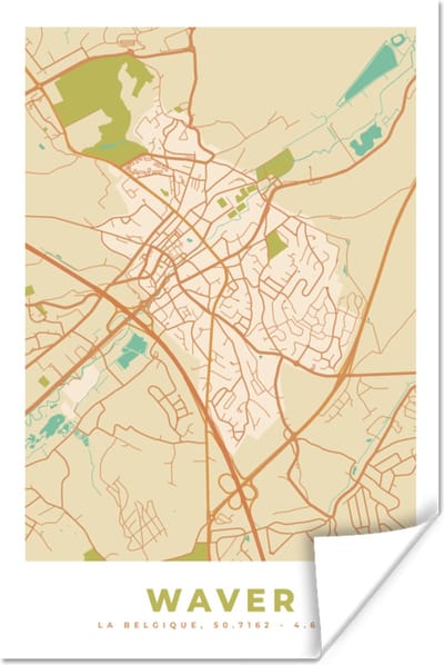 Poster Retro - Kaart - Waver - Stadskaart - Plattegrond - 120x180 cm XXL