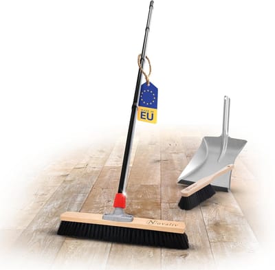 Novaliv halbezem 50 cm met steelborstels synthetische borstels inclusief verzinkte veegset met rubberen lip bestaande uit stoffer en blik en handborstel fijne bezem Ideaal als werkplaatsbezem Industriële bezem met steel