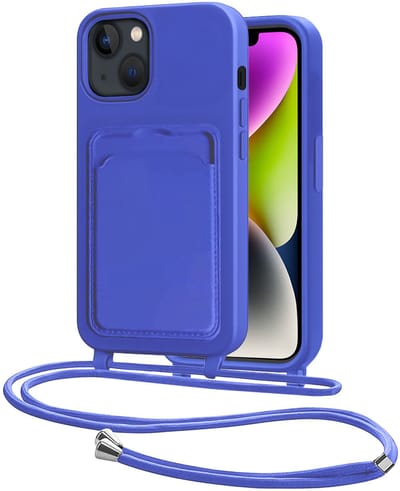 Hoes Geschikt voor iPhone 13 Hoesje Pasjeshouder Cover Met Koord Case Siliconen Hoes Met Telefoonkoord en Kaarthouder - Felblauw