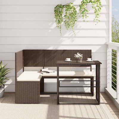vidaXL - Tuinbank - met - tafel - en - kussens - L-vormig - poly - rattan - bruin