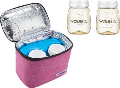 Youha Koeltas Moedermelk - Borstvoeding Koeltas met Koelelement - Inclusief 2 Babymelk Flesjes - Compact Design - Roze-Paars